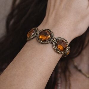 Vintage Amber Glass Panel Bracelet Art Deco Style Filigree Gold Tone